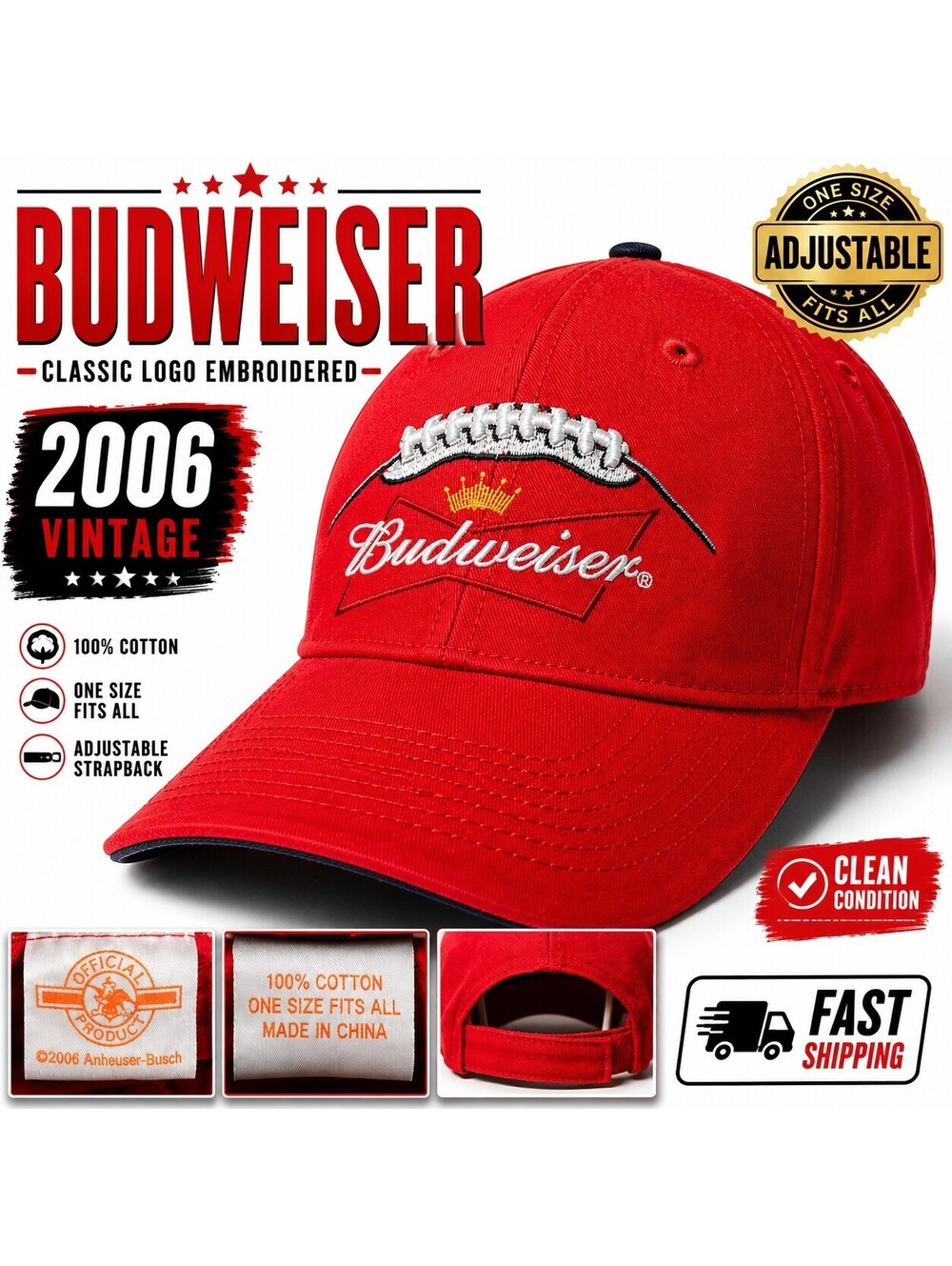 Budweiser Red Hat 2006 Strapback Dad Cap Embroidered Logo Beer Vintage Style